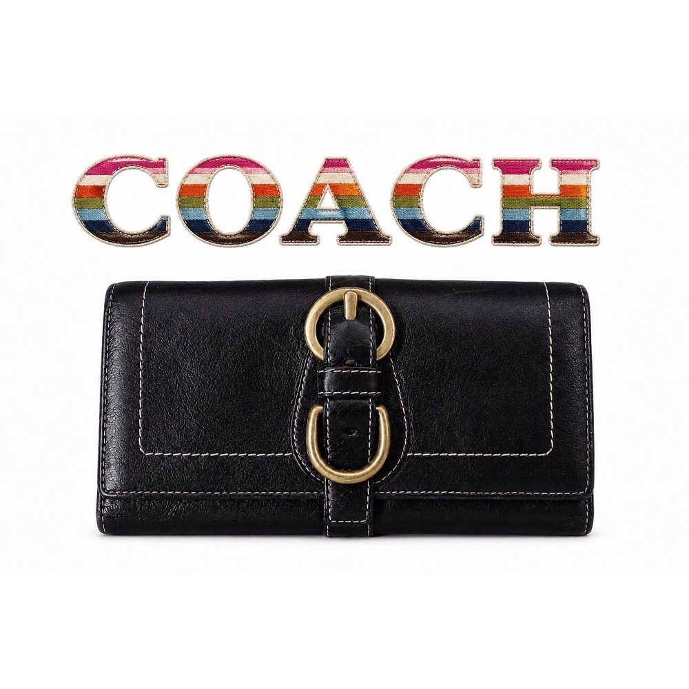 Coach Garcia Black Leather Wallet Legacy Stripe Lining Brass Buckle